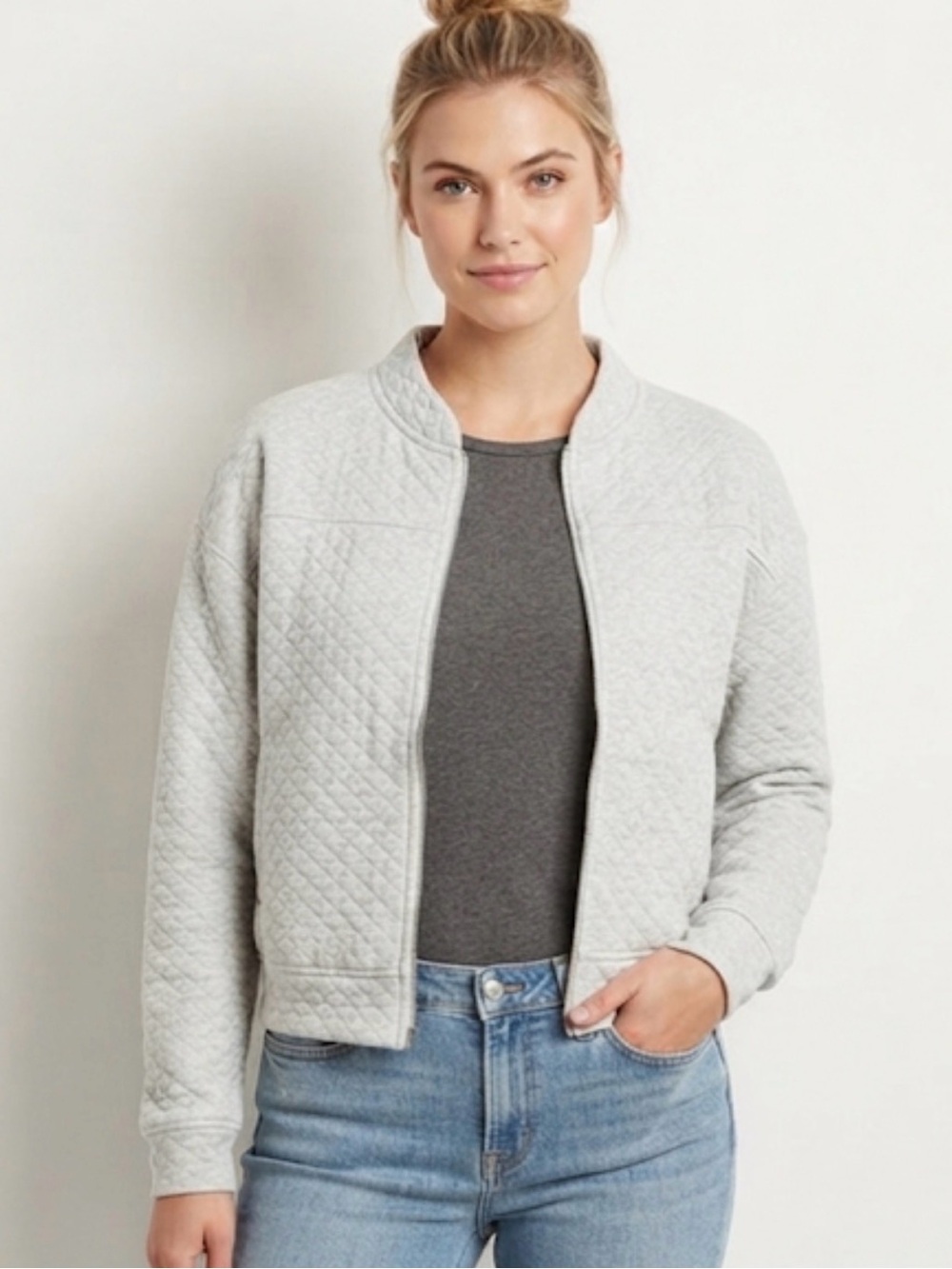 Women’s Quilted Zip-Up Jacket - Light Beige Size Small